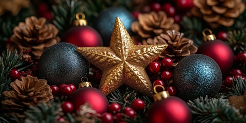 Golden star ornament surrounded by blue and red baubles with pinecones and greenery.