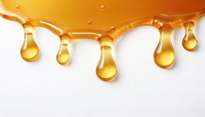 Golden amber color Honey Drizzle made in nature by bees, with Droplets dripping down isolated on White Surface background with copy space