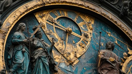 Close-up of the Astronomical Clock on the Old Town Hall in Prague, showing the intricate details of the zodiac signs and figures.