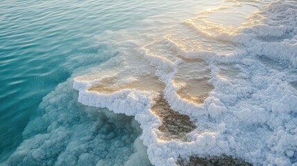 Close-up of the crystalline salt formations at the edge of the Dead Sea, glistening under the sun.