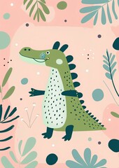 Obraz premium A cute happy crocodile in the style of minimalistic children's book illustration, with pastel pink and light green tones, on a plain background, for a cute nursery wall print, cute baby nursery decor