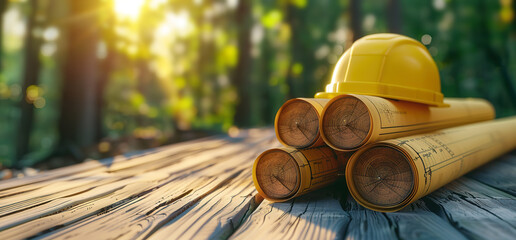 Fototapeta premium Yellow hard hat and rolled up blueprints on a wooden table. Construction plans in a natural setting.