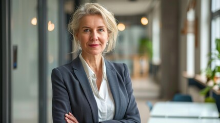 Fototapeta premium Portrait of a professional woman in a suit standing in a modern office. Mature business woman looking at the camera in a workplace meeting area