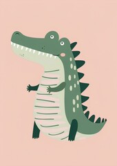 Obraz premium A cute happy crocodile in the style of minimalistic children's book illustration, with pastel pink and light green tones, on a plain background, for a cute nursery wall print, cute baby nursery decor