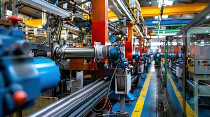 Picture inside the factory where plastic production machinery is in use. There are plastic lines or plastic parts produced by machines.