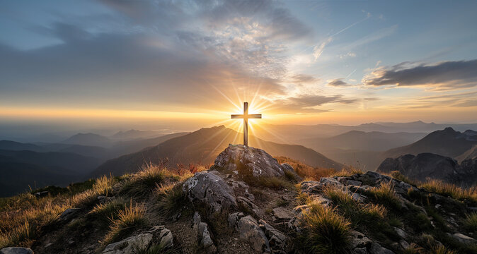 Christian cross on a mountain top during sunrise with room for text 