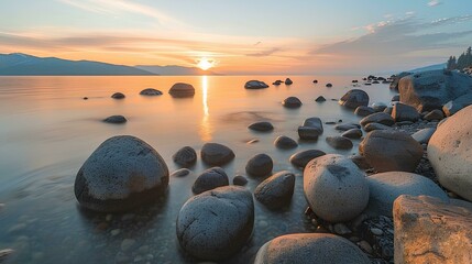 Obraz premium Photo of Lake Tahoe, boulders in the water at sunset, orange and blue sky, beautiful clouds, peaceful atmosphere, golden hour