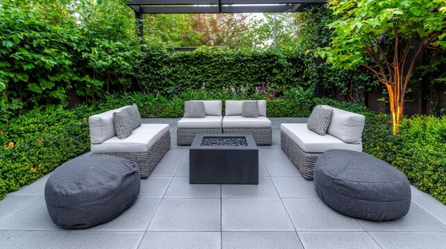 Symmetry in Minimalist Patio Designs, Discuss how symmetrical patios, with mirrored furniture arrangements or geometric patterns, create orderly, peaceful outdoor spaces
