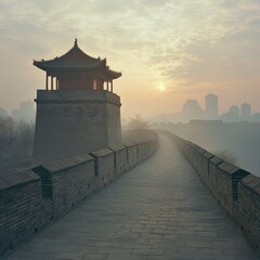 Obraz premium Early morning view of Xi'an's city wall, with the mist rising and the sun just beginning to break through