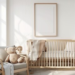 Poster mockup in minimal nursery design, wooden frame on white interior background, 3d render