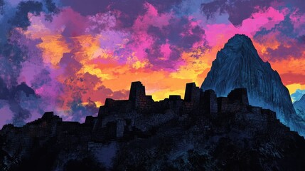 Naklejka premium Machu Picchu at dusk, with the ruins silhouetted against a colorful sky.
