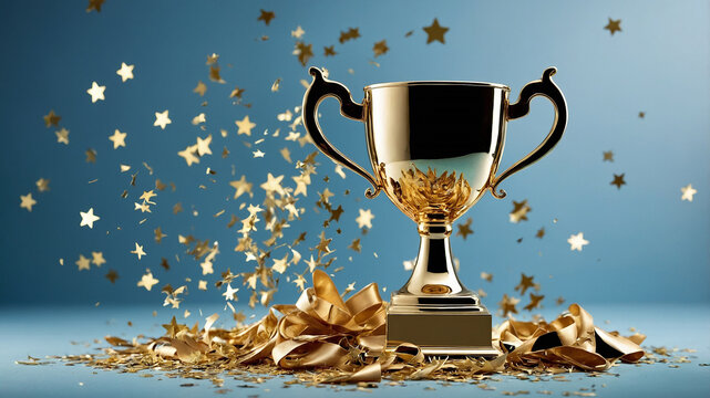 Golden trophy with confetti in the background, highlighting a symbol of achievement and celebration.