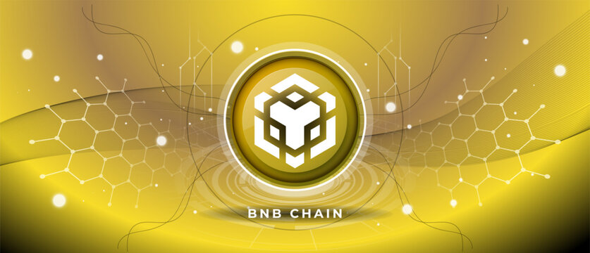 Binance BNB Chain coin symbol with crypto currency themed yellow background design. Modern neon color banner for BNB logo icon. Cryptocurrency, Blockchain technology, token exchange. Vector thumbnail.