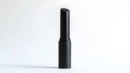 Matte Lipstick Tube: A matte black lipstick tube standing upright on a white background, with minimal reflections and clean lines.
