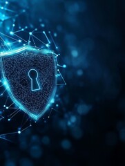 A digital shield with a keyhole, symbolizing cybersecurity and protection against online threats in a futuristic style.