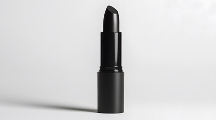 Obraz premium Matte Lipstick Tube: A matte black lipstick tube standing upright on a white background, with minimal reflections and clean lines. 