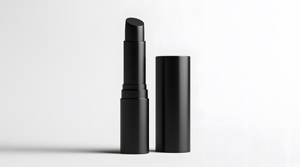 Obraz premium Matte Lipstick Tube: A matte black lipstick tube standing upright on a white background, with minimal reflections and clean lines. 