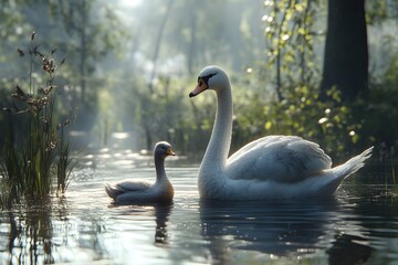 Obraz premium A Swan and its Cygnet in a Misty Forest