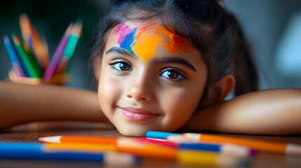 A smiling girl with colorful face paint surrounded by crayons, enjoying creative play.