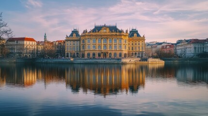 Obraz premium Prague's National Theatre with its grand architecture reflected in the calm waters of the Vltava River.