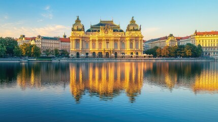 Fototapeta premium Prague's National Theatre with its grand architecture reflected in the calm waters of the Vltava River.
