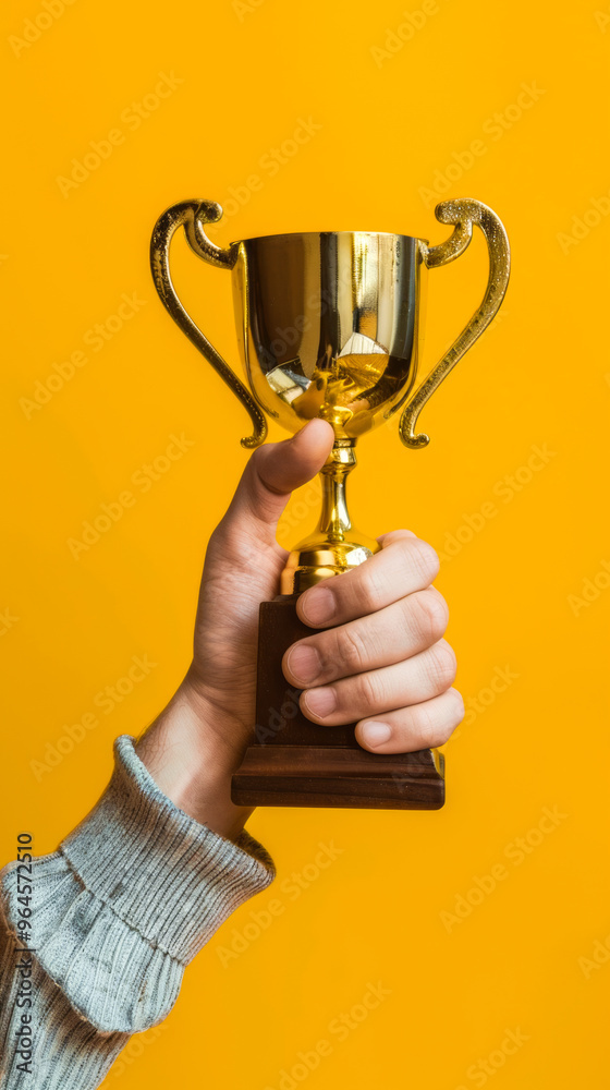 Wall mural human hand proudly holds a gold trophy adorned with a thumbs-up symbol