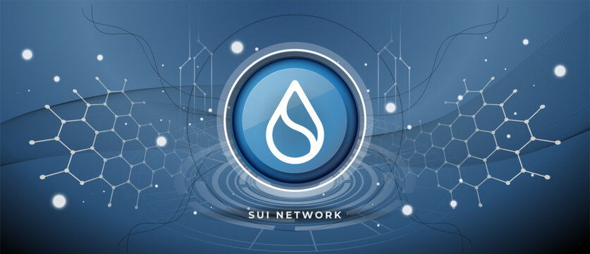 SUI network logo with crypto currency themed blue background design. Modern neon color banner for SUI crypto icon. Cryptocurrency, Blockchain technology, token exchange. Water droplet Vector thumbnail