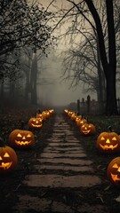 A foggy pathway lined with glowing Jack-o'-lanterns leads through a dark, eerie forest