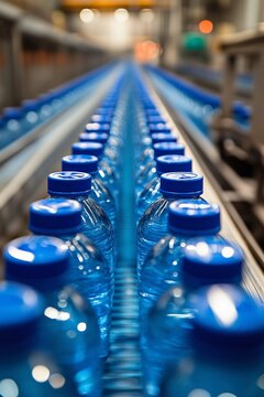 Rows of water bottles on a conveyor belt in a factory setting.