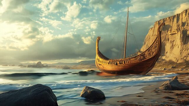 A majestic Viking longship rests on a rocky shore, its dragon-headed prow facing the sea. Tall cliffs and distant mountains frame the scene under a dramatic sky with sunlight breaking through clouds.
