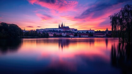 Fototapeta premium Sunset over Prague Castle, with the Vltava River reflecting the vibrant colors of the sky.