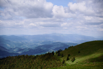 Beautiful mountains landscape with green hills. Carpathians, Ukraine.