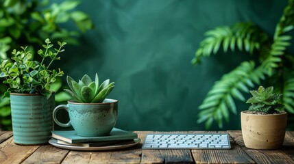 Modern Workspace with Green Plants and Keyboard Blending Technology and Nature for a Fresh and Productive Environment