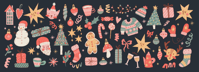 Obraz premium Festive Christmas collection of Hand-drawn elements of Santa, Snowman, Gingerbread, Balls, and holiday decorations. Flat Retro Stickers for greeting cards, planners, scrapbooking, and invitations
