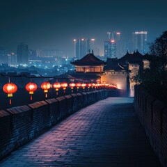 Naklejka premium The ancient city wall of Xi'an with a row of red lanterns lighting the path at night, and the modern city skyline in the distances