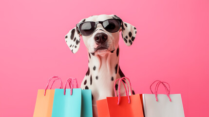 A stylish Dalmatian dog wearing sunglasses with shopping bags against a pink background.
