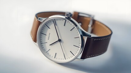 Minimalist Watch: A minimalist wristwatch with a clean face and simple leather strap, placed on a pristine white background, with soft lighting emphasizing its contours.
