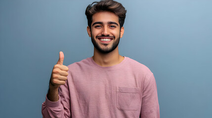 A smiling young man giving a thumbs up against a blue background.