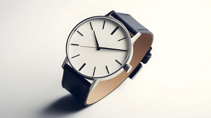 Minimalist Watch: A minimalist wristwatch with a clean face and simple leather strap, placed on a pristine white background, with soft lighting emphasizing its contours.
