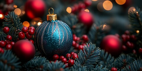 Blue Christmas ornament on pine branches with red berries and festive lights in the background.