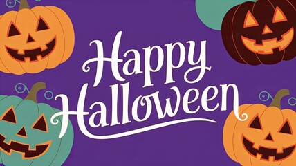 Illustration of Colorful Jack-o'-Lanterns with "Happy Halloween" Text on a Purple Background