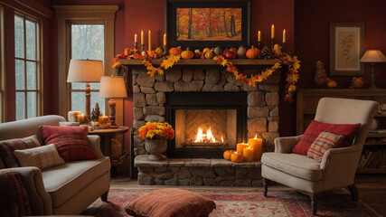 Cozy living room with fireplace and autumn decorations showcasing vibrant seasonal colors and serenity.