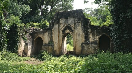 The ancient ruins of Gedi in Kenya, surrounded by lush forest and vines.