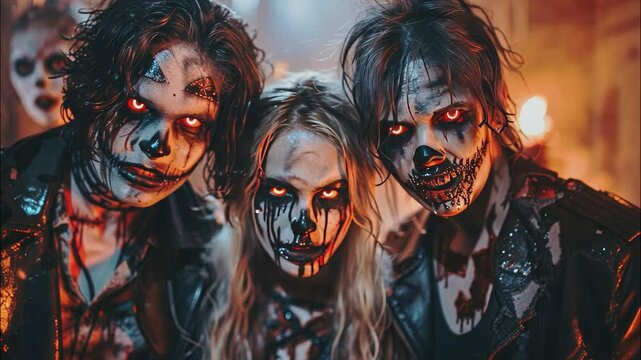 A terrifying trio of ghouls with glowing red eyes and grotesque face paint, set against a fiery, ominous backdrop.