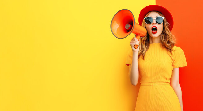 Young woman in bright dress and hat with megaphone, expressing enthusiasm against yellow and orange background.