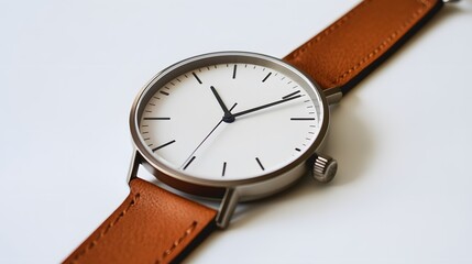 Minimalist Watch: A minimalist wristwatch with a clean face and simple leather strap, placed on a pristine white background, with soft lighting emphasizing its contours.
