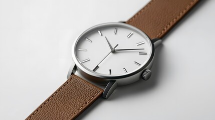 Minimalist Watch: A minimalist wristwatch with a clean face and simple leather strap, placed on a pristine white background, with soft lighting emphasizing its contours.
