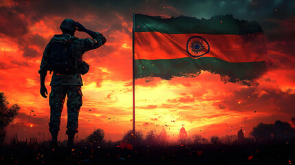 A soldier salutes in front of an Indian flag during a dramatic sunset.