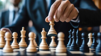 A close-up of a hand moving a chess piece on a beautifully arranged board, symbolizing strategy and competition in a game.