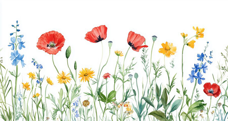 Naklejka premium Beautiful Watercolor Wildflower Garden with Red Poppies, Yellow Daisies, and Blue Delphiniums in a Spring Meadow on a White Background